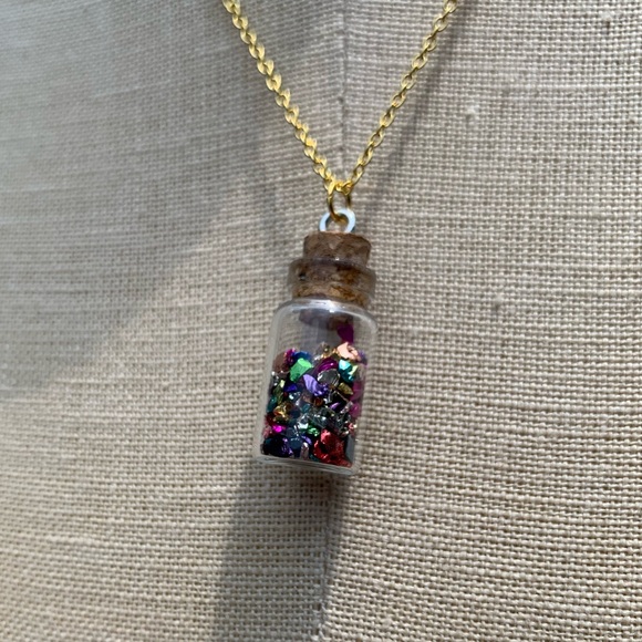 NWT Glass Bottle with Shard Confetti Necklace with Sterling Silver Plated Chain - Picture 7 of 16